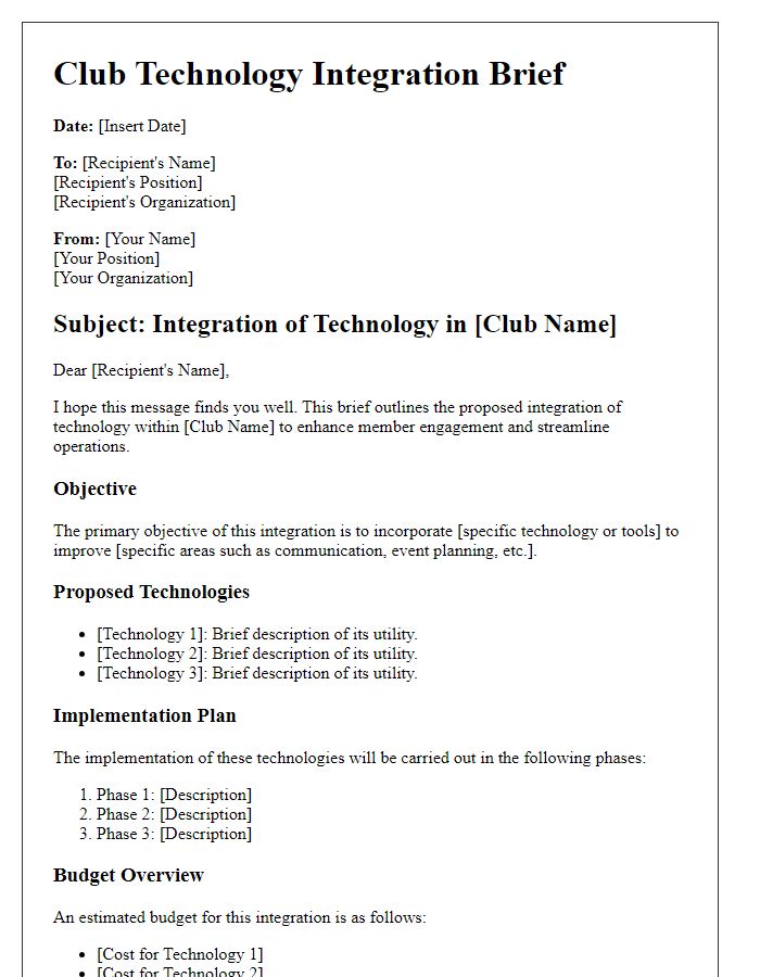 Letter template of Club Technology Integration Brief