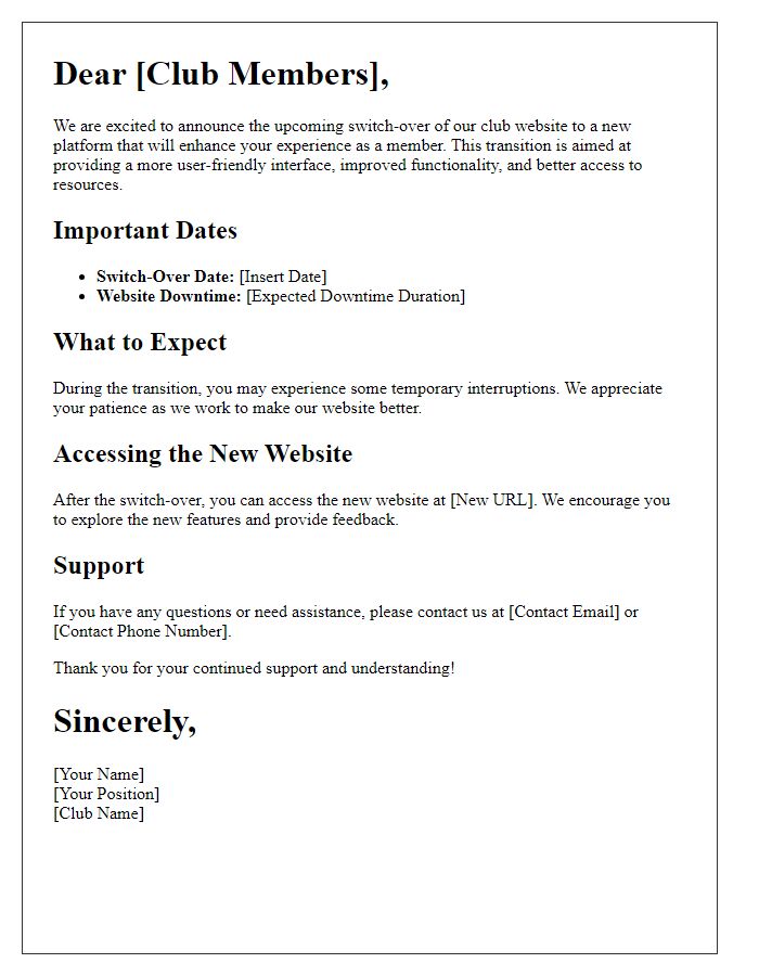 Letter template of club website switch-over process