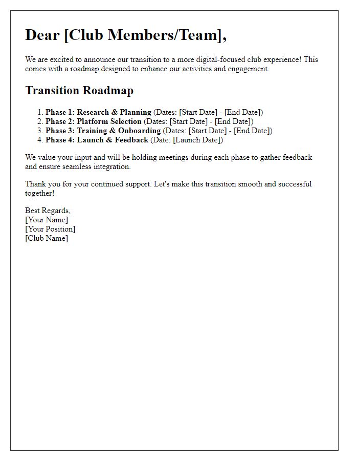 Letter template of digital club transition roadmap