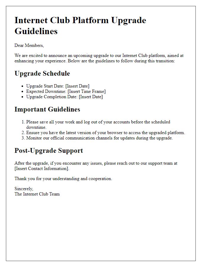 Letter template of internet club platform upgrade guidelines