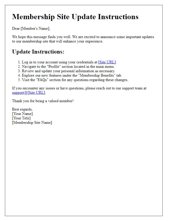 Letter template of membership site update instructions
