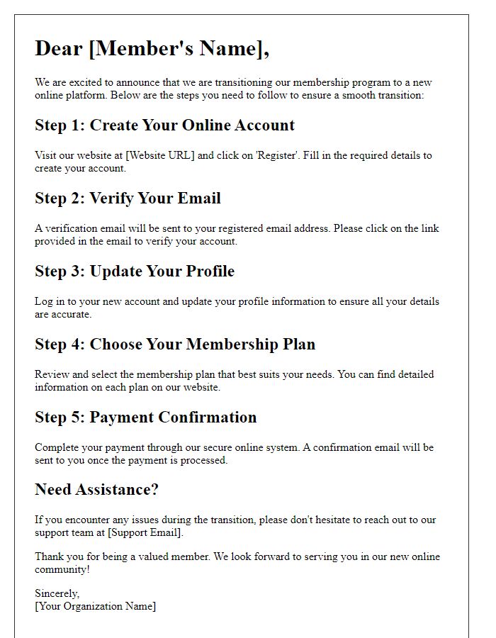 Letter template of online membership transition steps