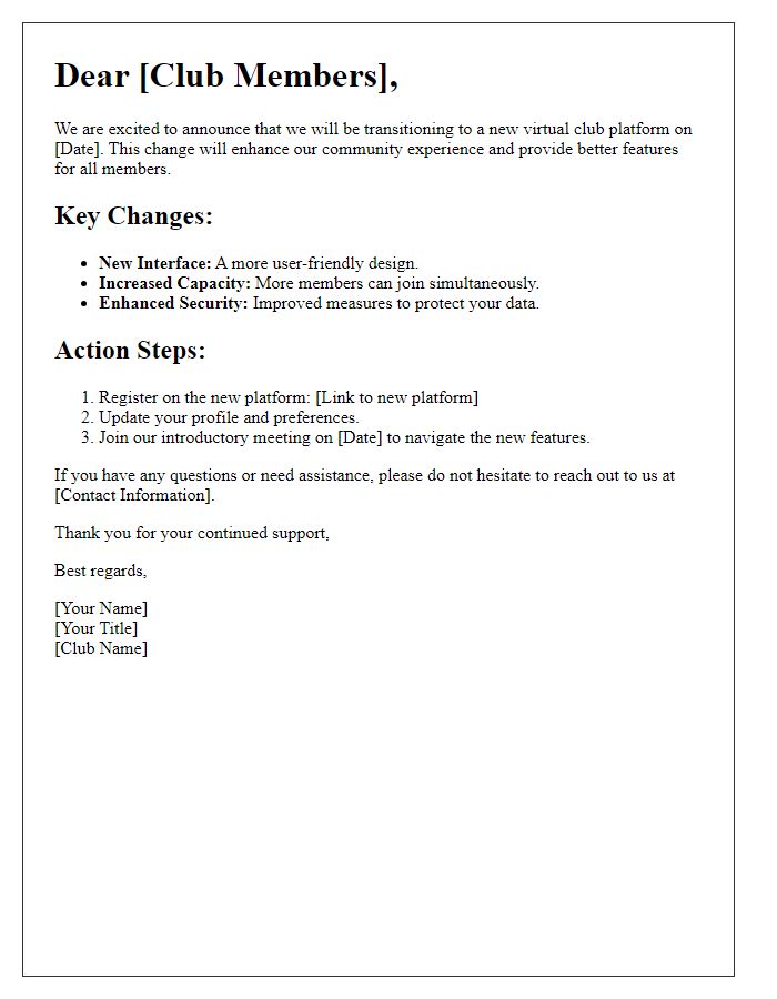 Letter template of virtual club platform changeover guide