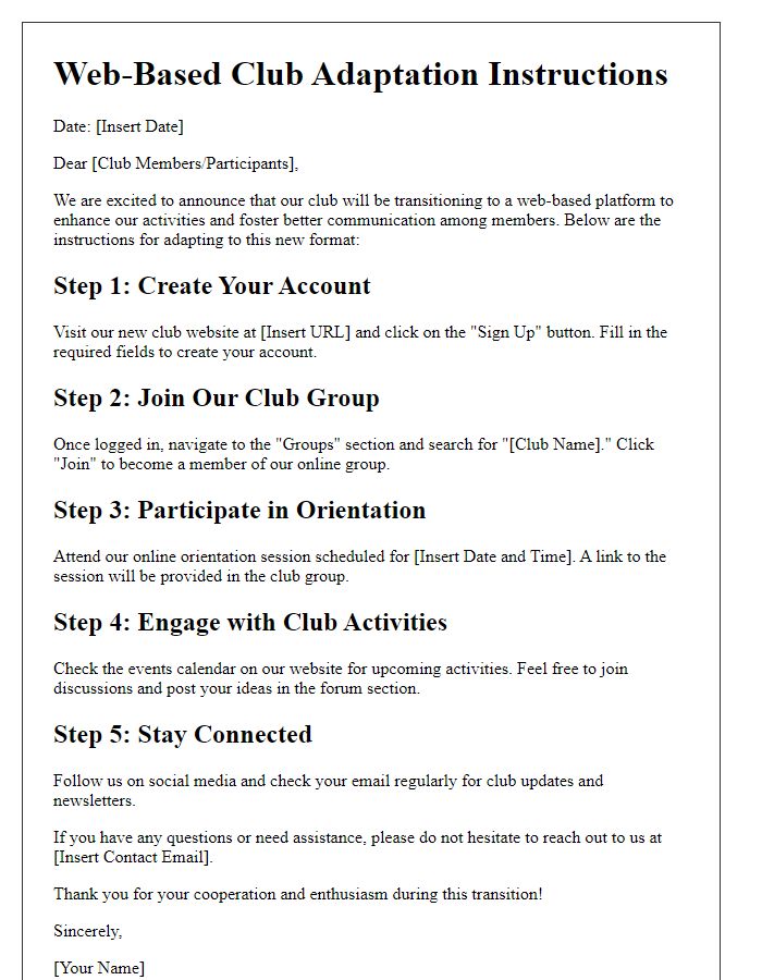 Letter template of web-based club adaptation instructions