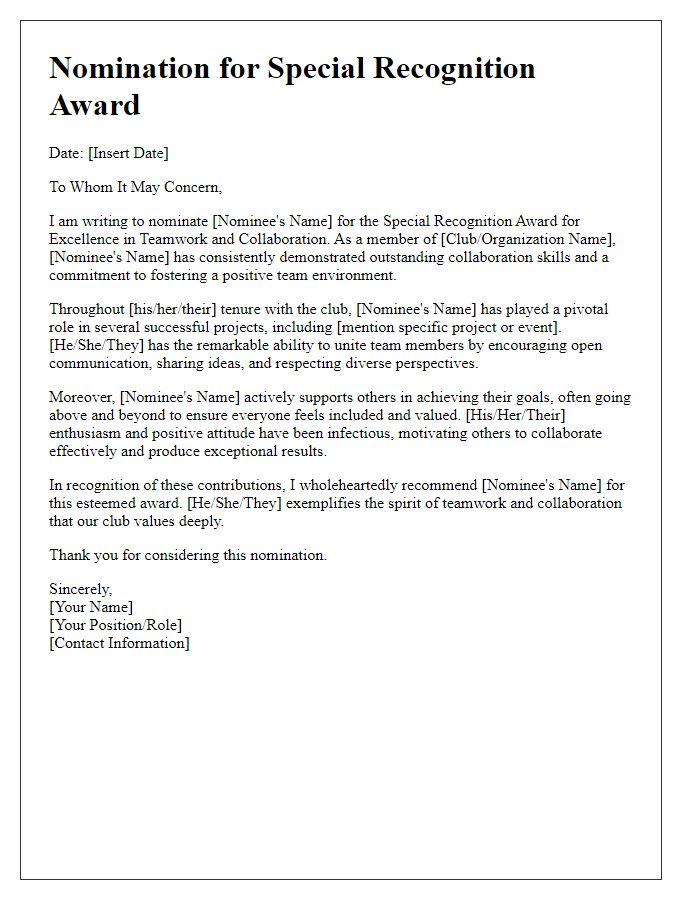 Letter template for club special recognition award nomination for excellence in teamwork and collaboration.