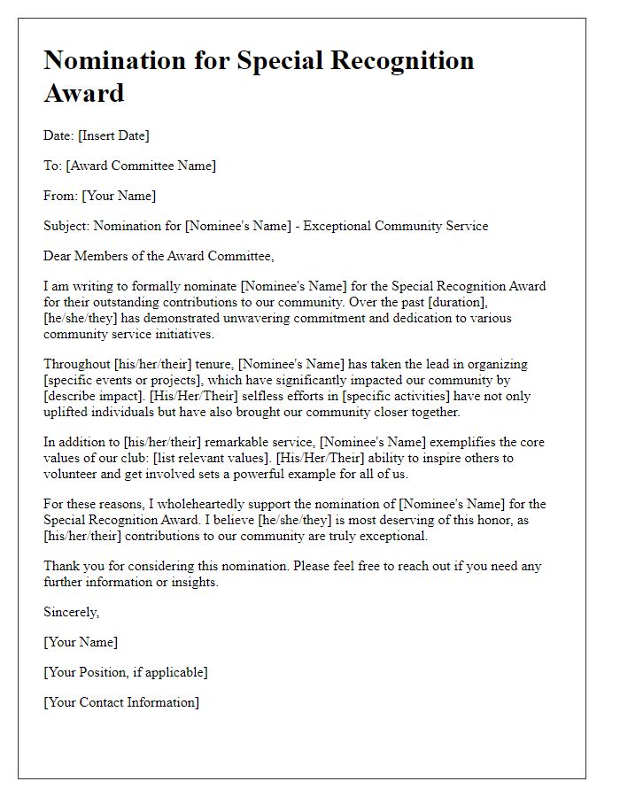 Letter template for club special recognition award nomination for exceptional community service.