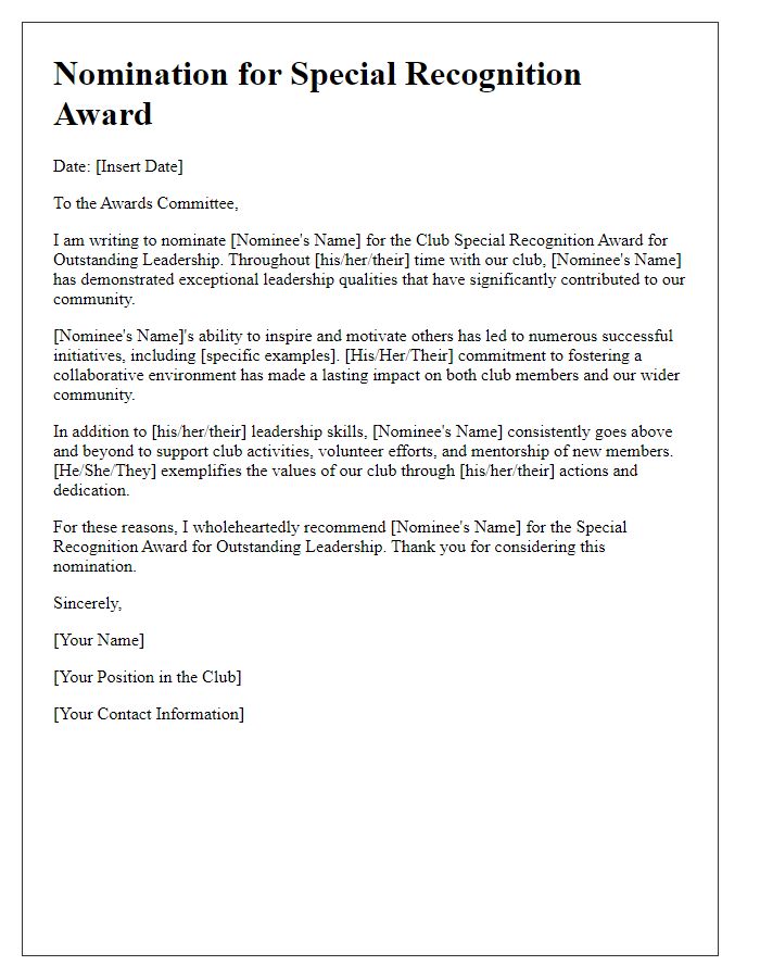 Letter template for club special recognition award nomination for outstanding leadership.