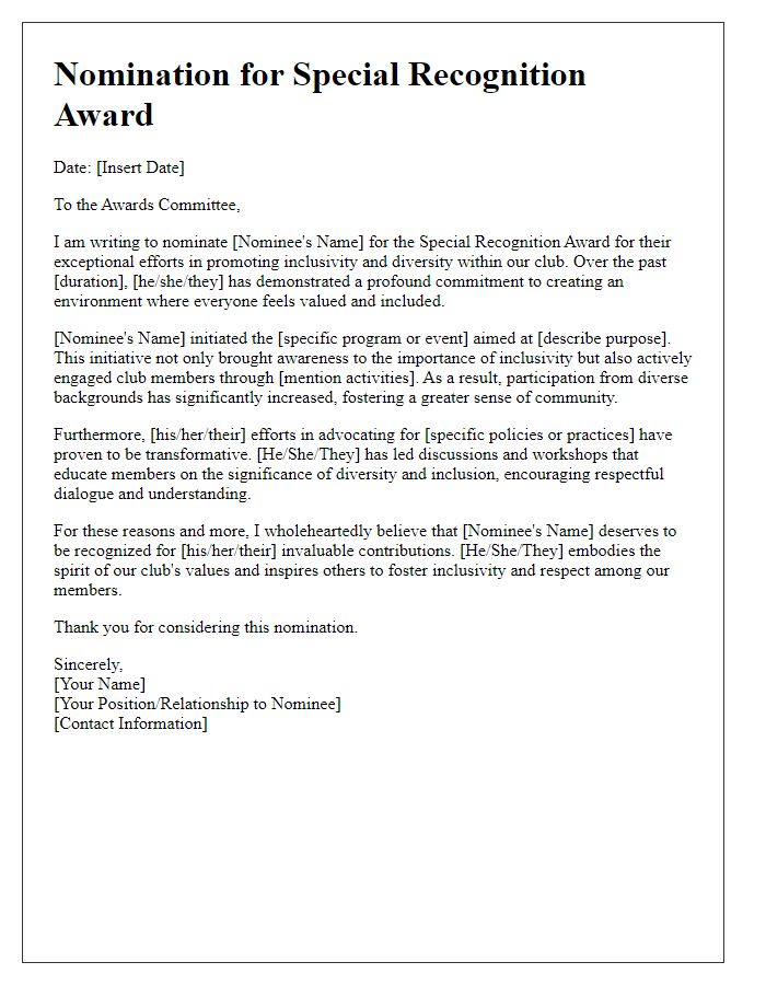 Letter template for club special recognition award nomination for promoting inclusivity and diversity.