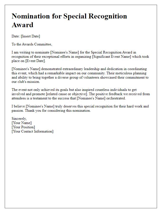 Letter template for club special recognition award nomination for significant event organization.