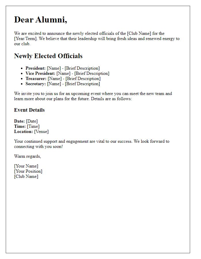 Letter template of club newly elected officials introduction for alumni networks