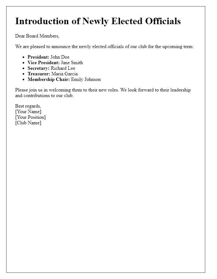 Letter template of club newly elected officials introduction for board members