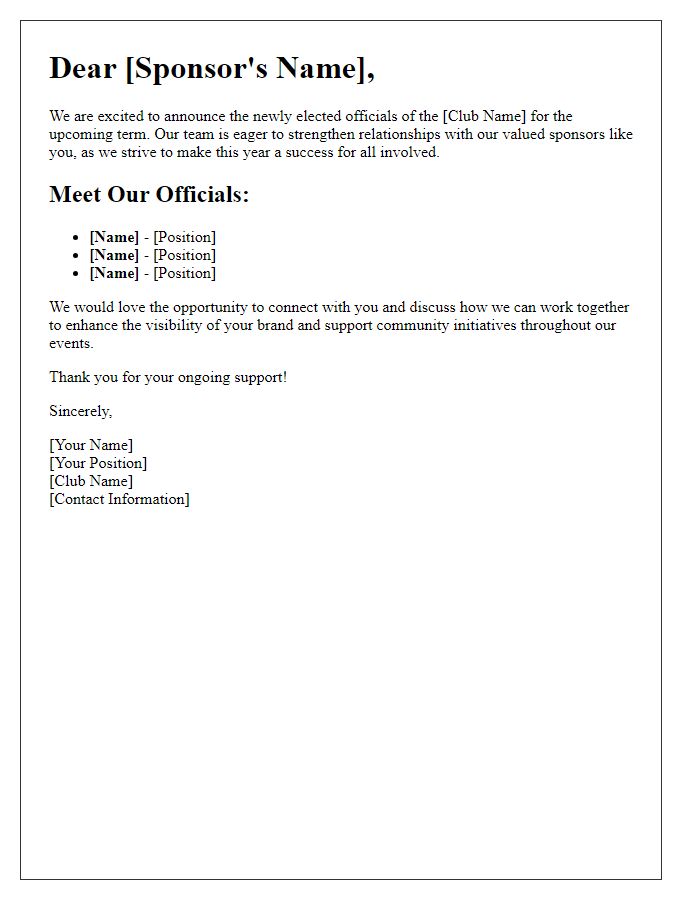 Letter template of club newly elected officials introduction for event sponsors