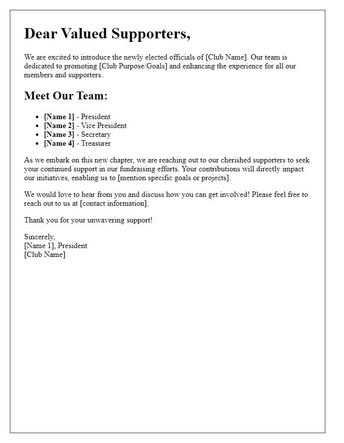 Letter template of club newly elected officials introduction for fundraising supporters