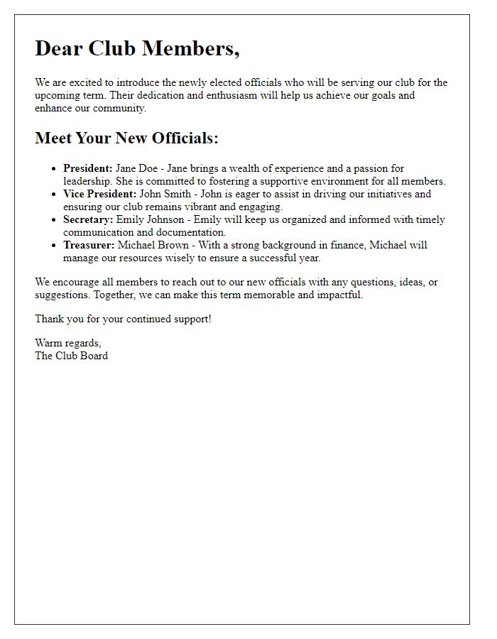 Letter template of club newly elected officials introduction for general membership