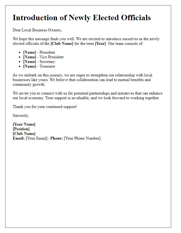 Letter template of club newly elected officials introduction for local businesses