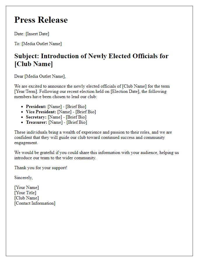 Letter template of club newly elected officials introduction for media outlets