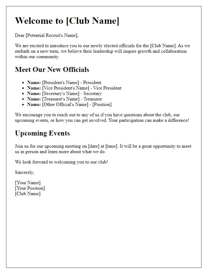 Letter template of club newly elected officials introduction for potential recruits