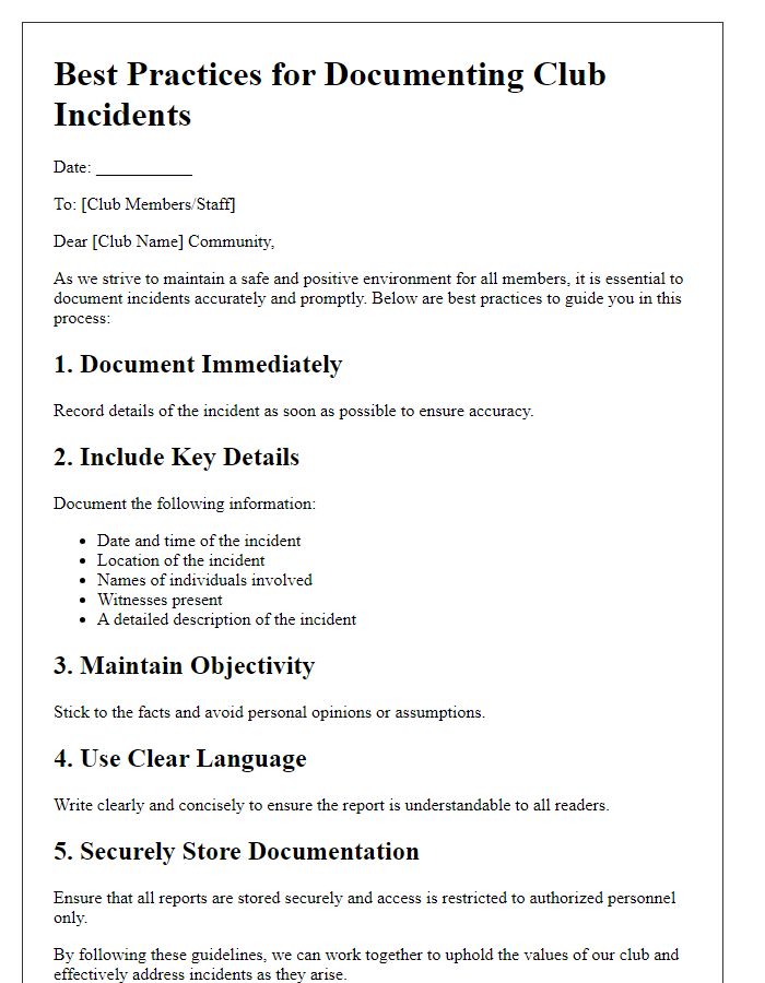 Letter template of best practices for documenting club incidents.