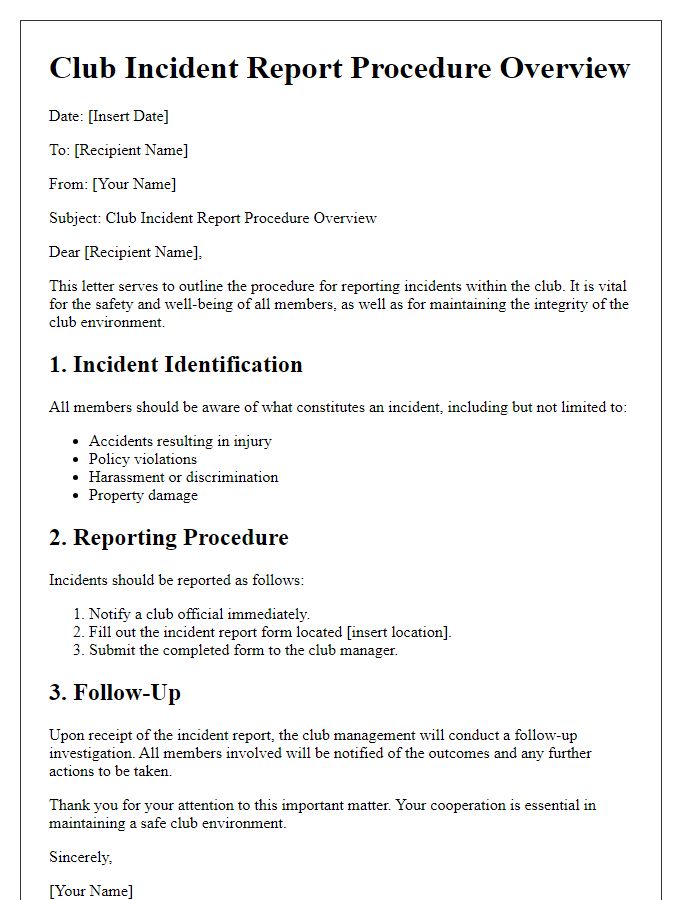 Letter template of club incident report procedure overview.