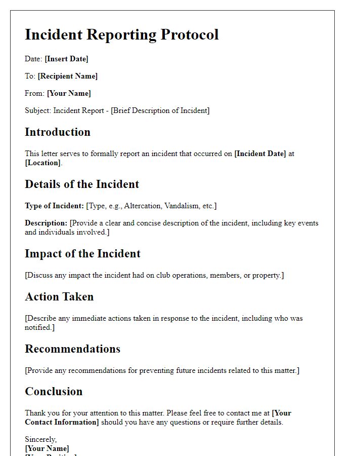 Letter template of club-related incident reporting protocol.