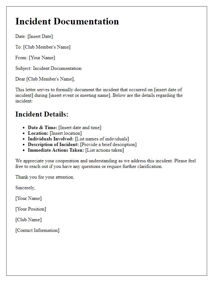 Letter template of incident documentation for club members.