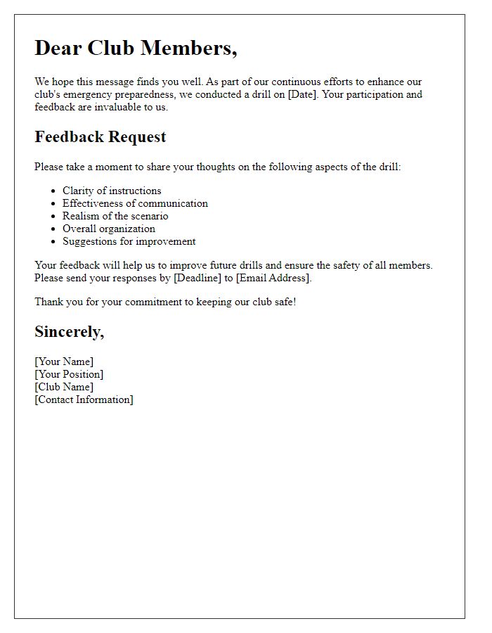 Letter template of club emergency preparedness drill feedback solicitation