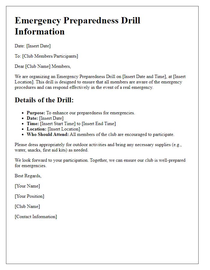 Letter template of club emergency preparedness drill information