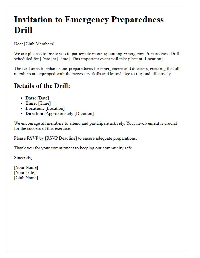 Letter template of club emergency preparedness drill invitation