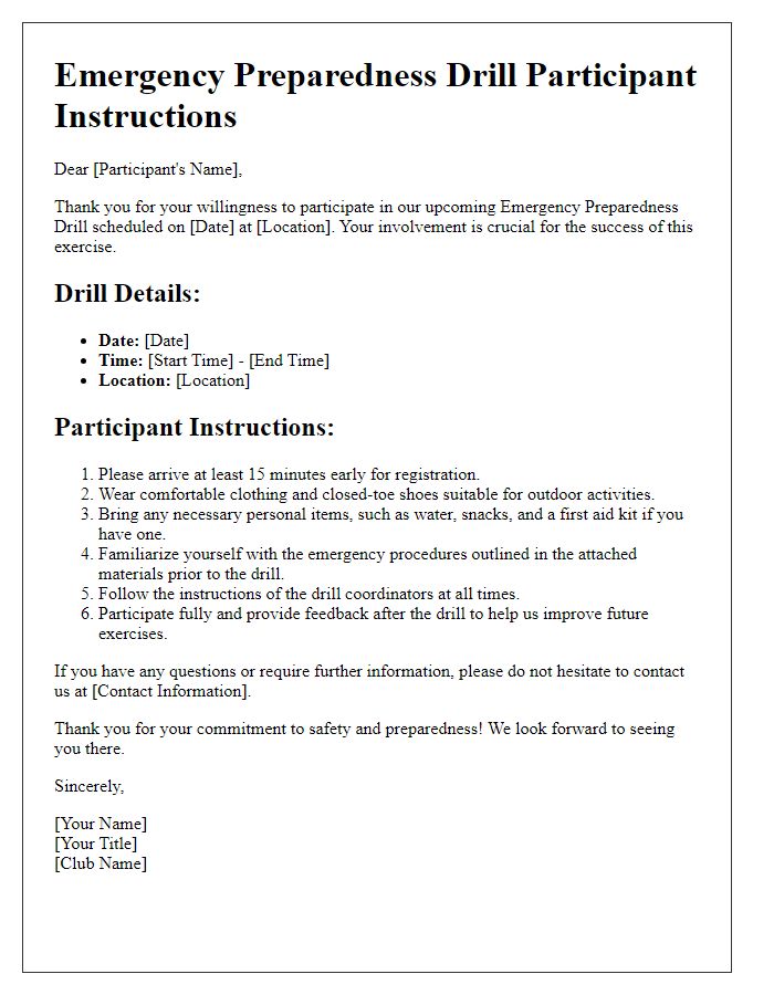 Letter template of club emergency preparedness drill participant instructions