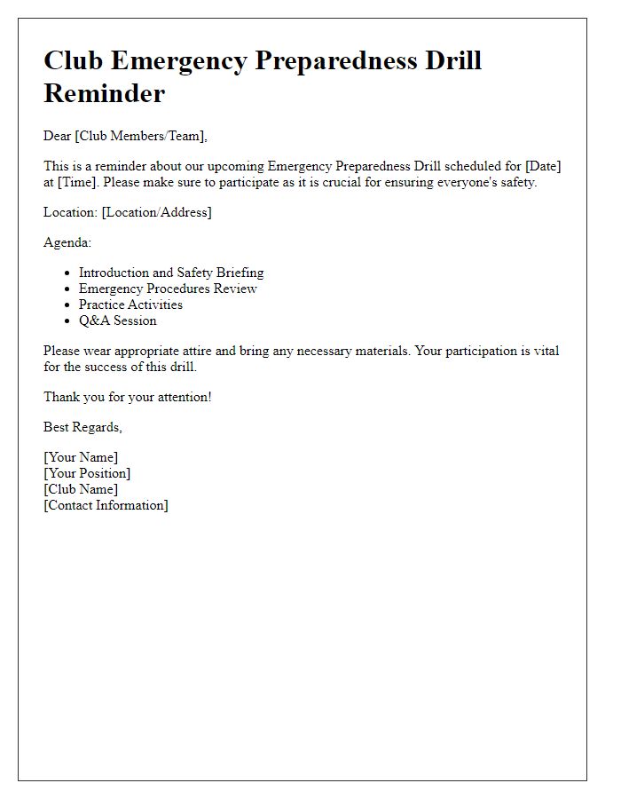 Letter template of club emergency preparedness drill reminder