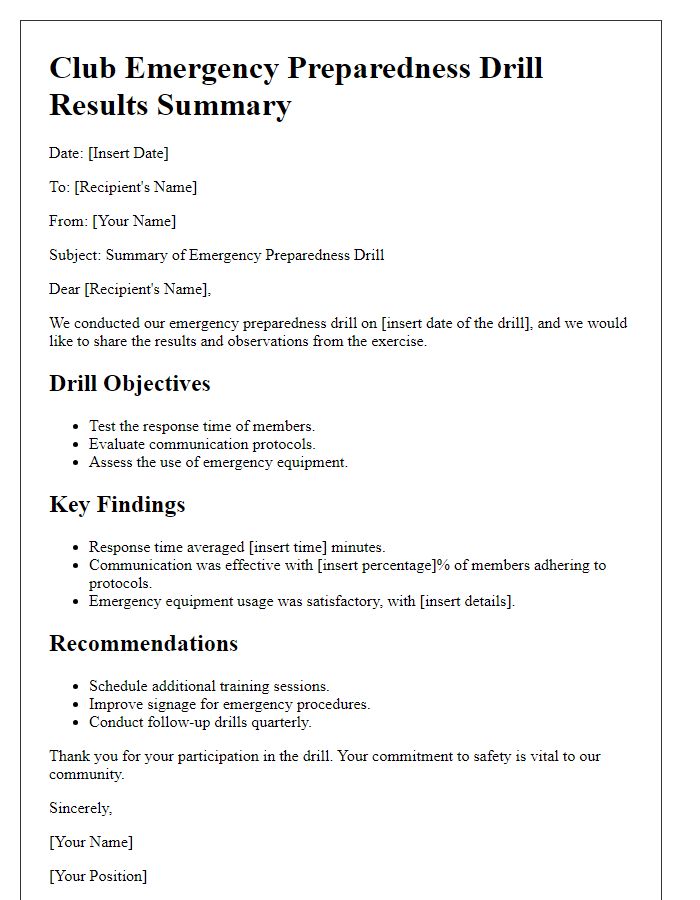 Letter template of club emergency preparedness drill results summary