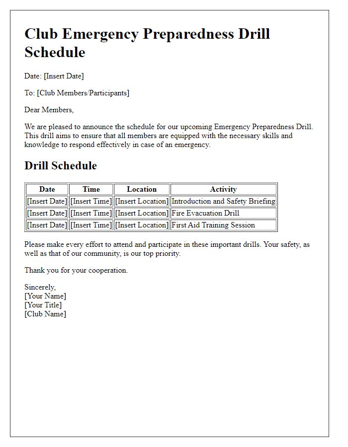 Letter template of club emergency preparedness drill schedule