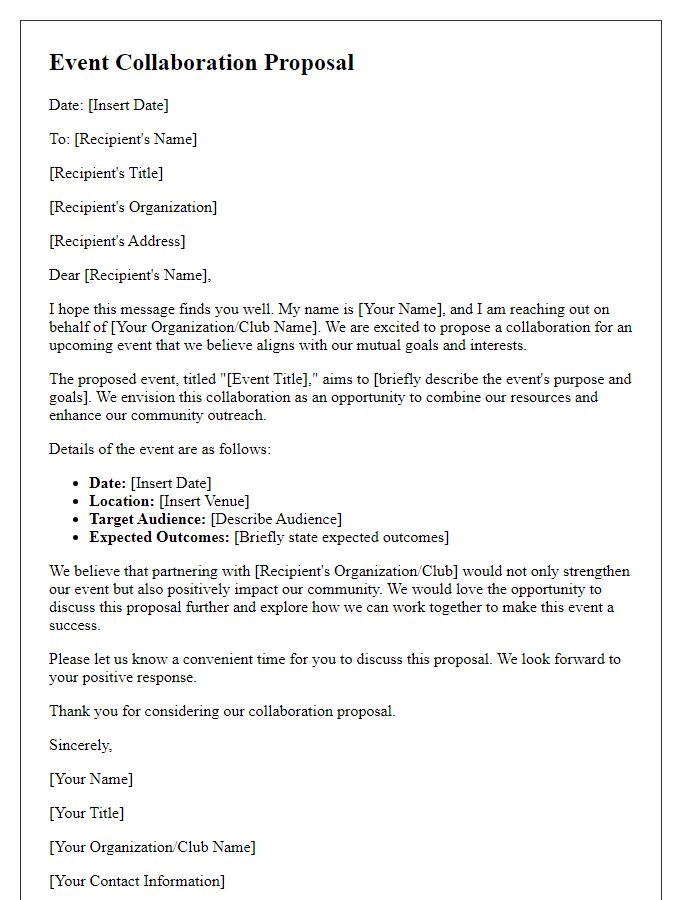 Letter template of event collaboration proposal for social clubs.