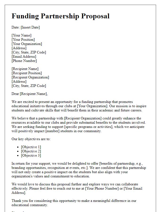 Letter template of funding partnership proposal for educational clubs.