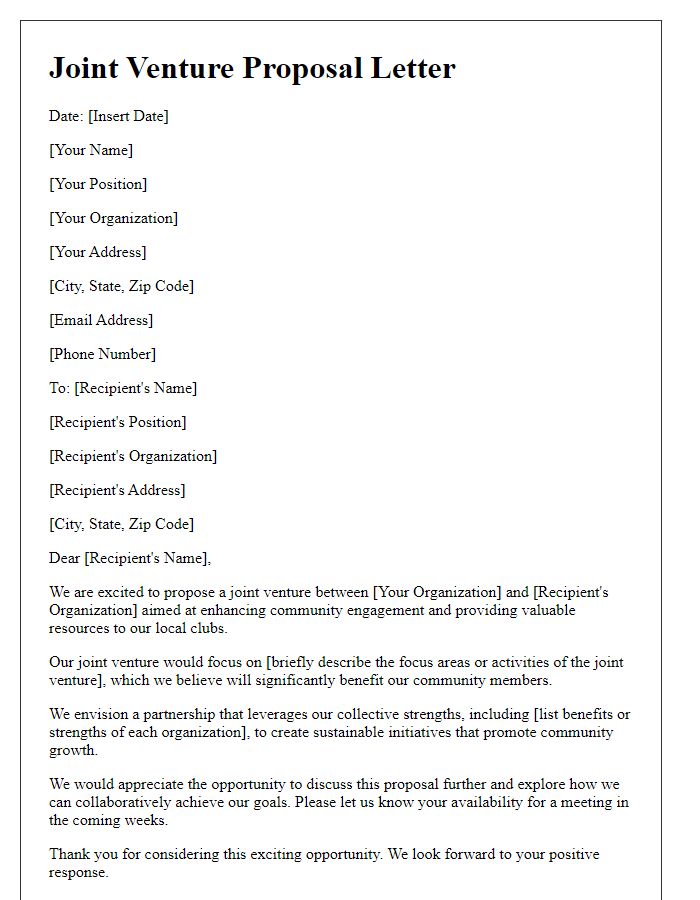 Letter template of joint venture proposal for community clubs.