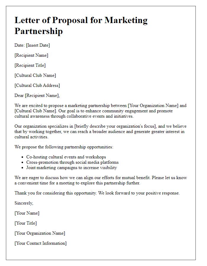 Letter template of marketing partnership proposal for cultural clubs.