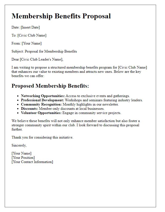 Letter template of membership benefits proposal for civic clubs.