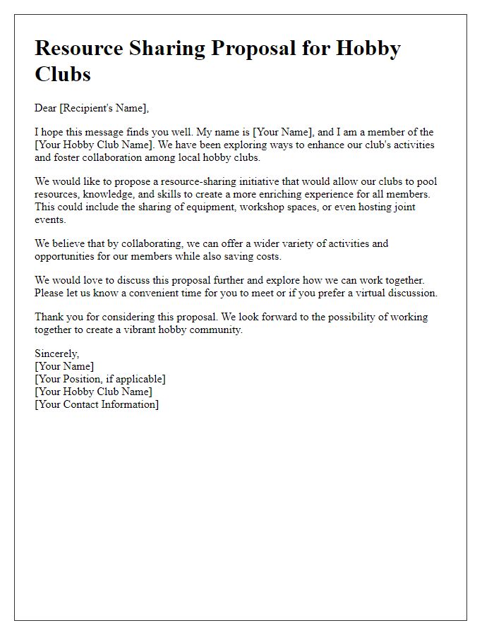 Letter template of resource sharing proposal for hobby clubs.