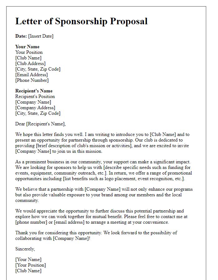 Letter template of sponsorship proposal for recreational clubs.