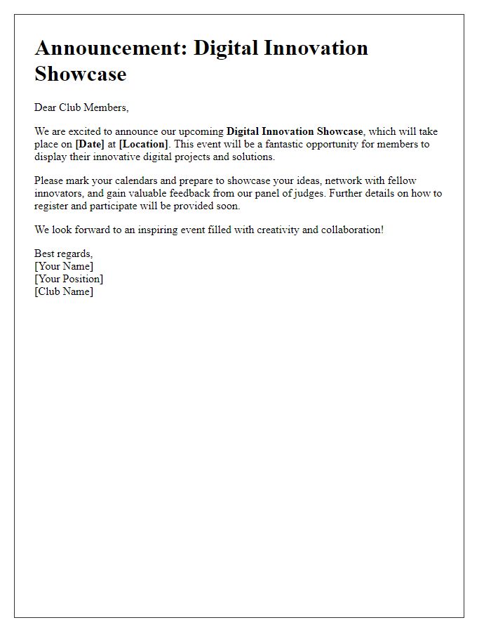 Letter template of announcement for the club's upcoming digital innovation showcase