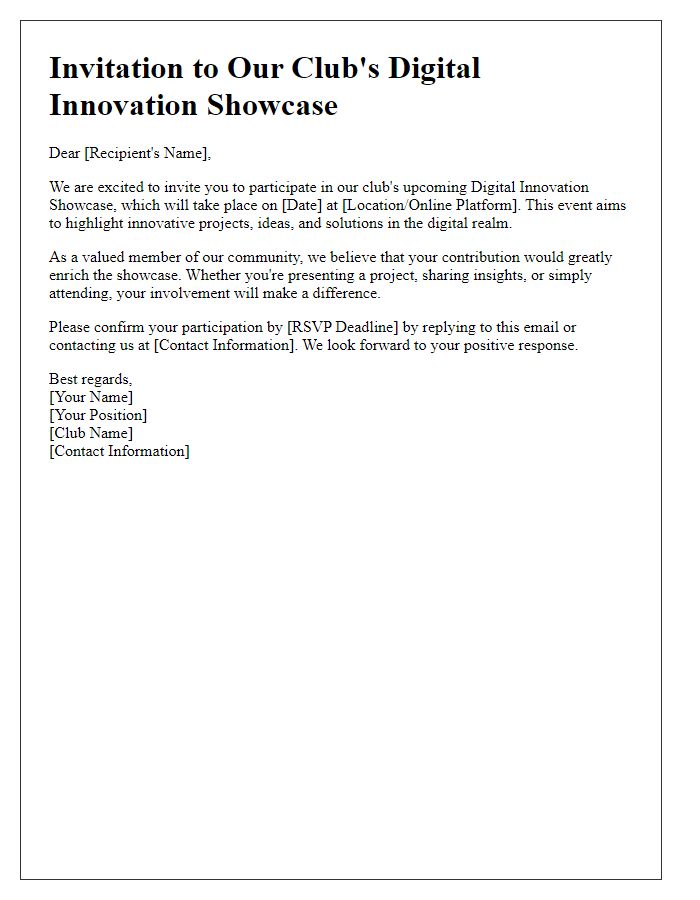 Letter template of invitation to participate in our club's digital innovation showcase