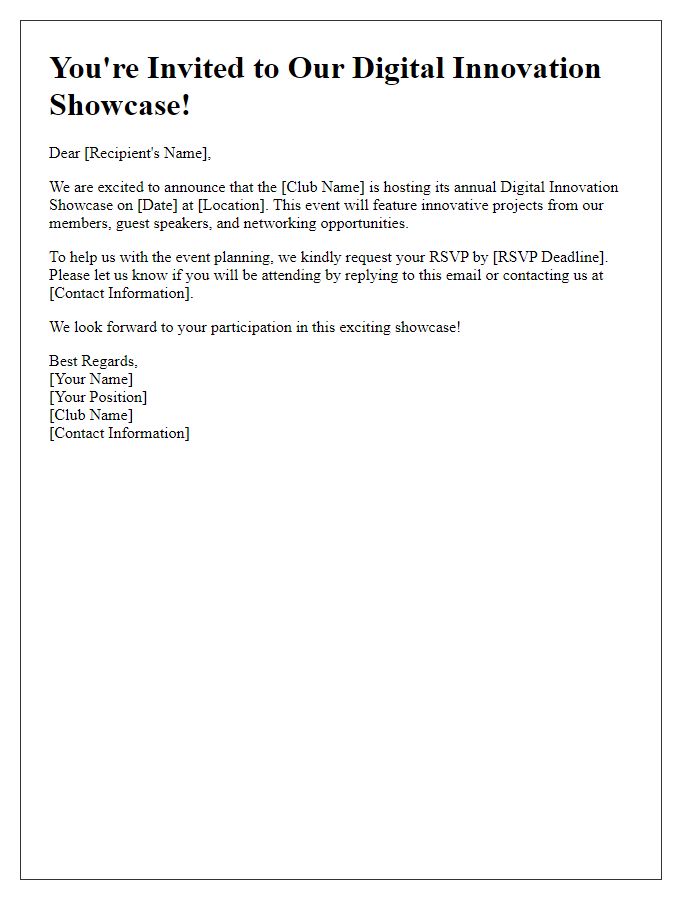 Letter template of RSVP request for the club's digital innovation showcase