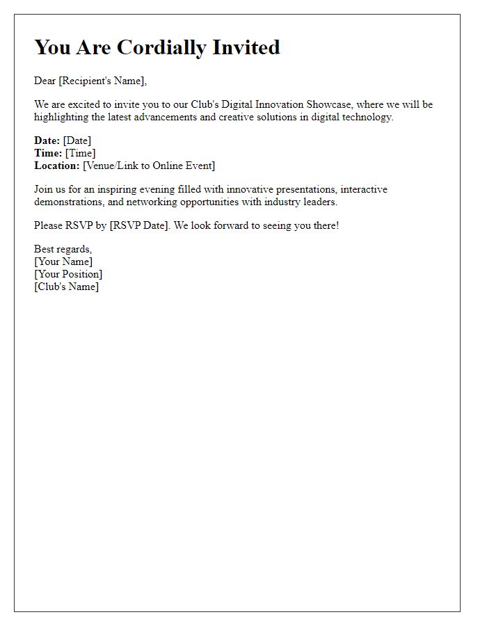 Letter template of you are cordially invited to the club's digital innovation showcase