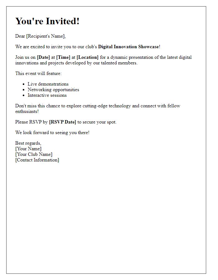 Letter template of you're invited to experience our club's digital innovation showcase