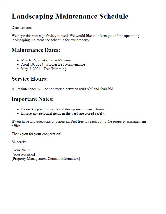 Letter template of landscaping maintenance schedule for tenants.