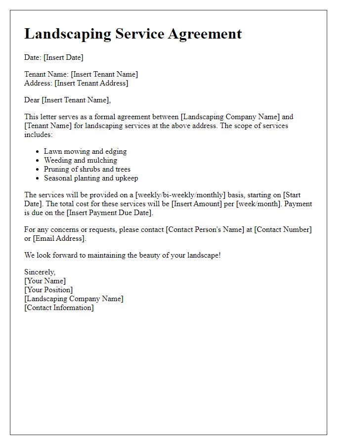 Letter template of landscaping service agreement for tenants.