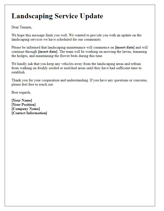 Letter template of landscaping service update for tenants.