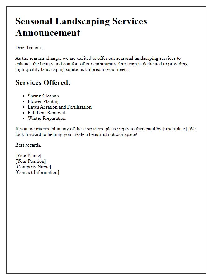 Letter template of seasonal landscaping services for tenants.