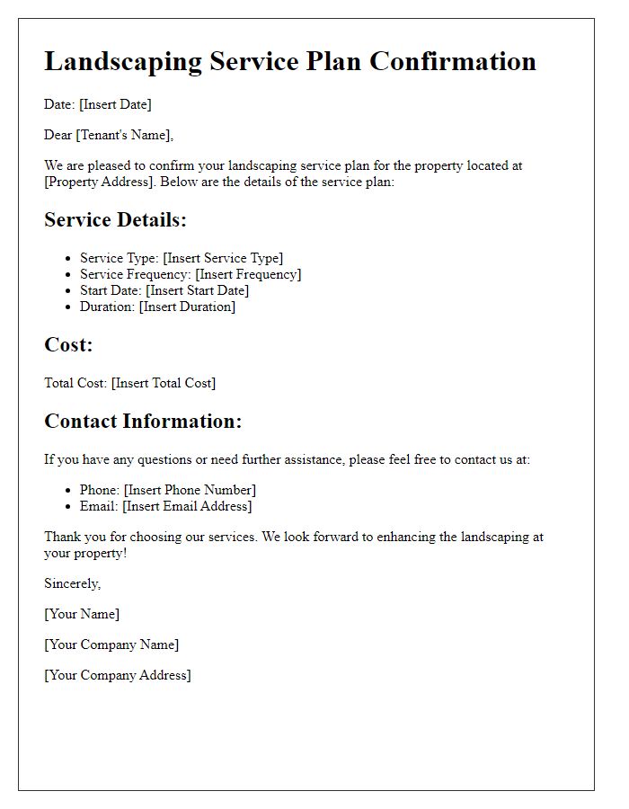 Letter template of tenant landscaping service plan confirmation.