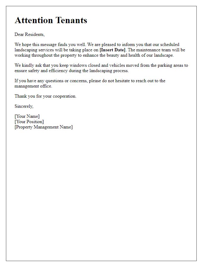 Letter template of upcoming landscaping services for tenants.